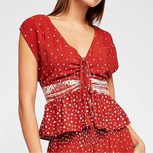 Free People Babylon River Red Clay Deep V Peplum Top XS